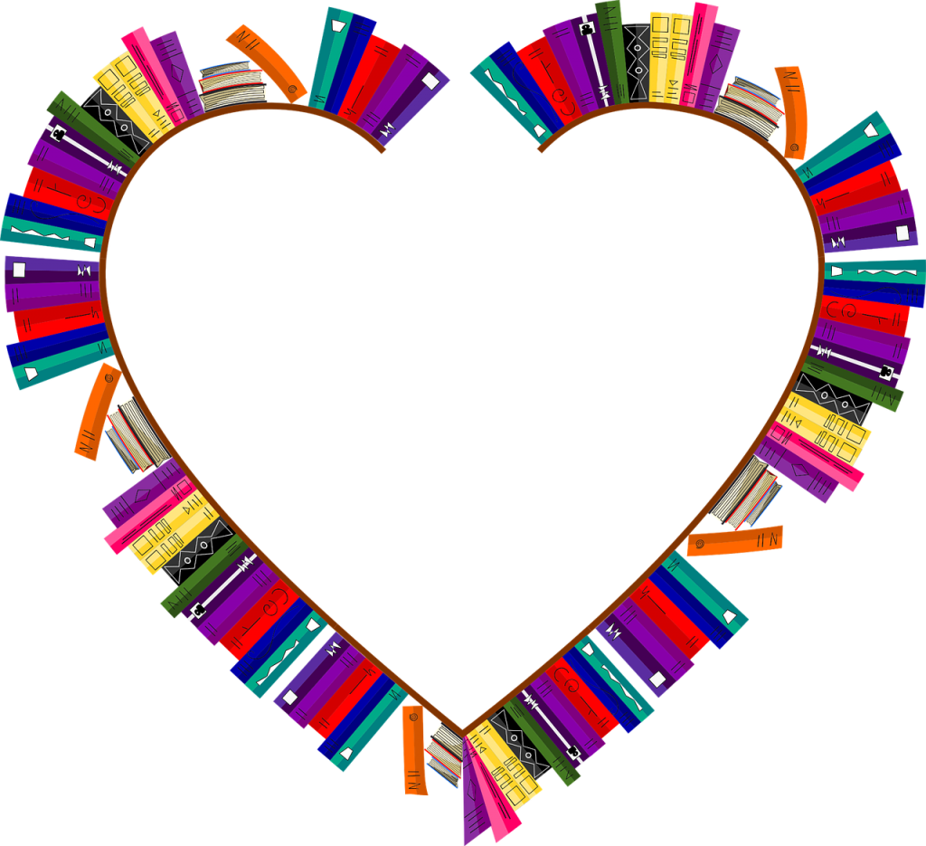 bookshelves, frame, heart